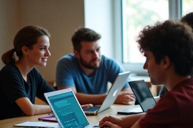 Un gruppo di studenti con laptop e appunti, che partecipano a un corso di marketing digitale interattivo.